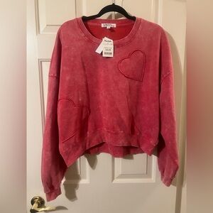 NWT Junior’s Vinyl Icons Pink Heart Appliqué Cropped Sweatshirt Size Large